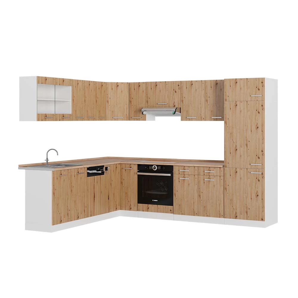 Hoekkeuken in Artisanaal eiken/wit op een witte achtergrond