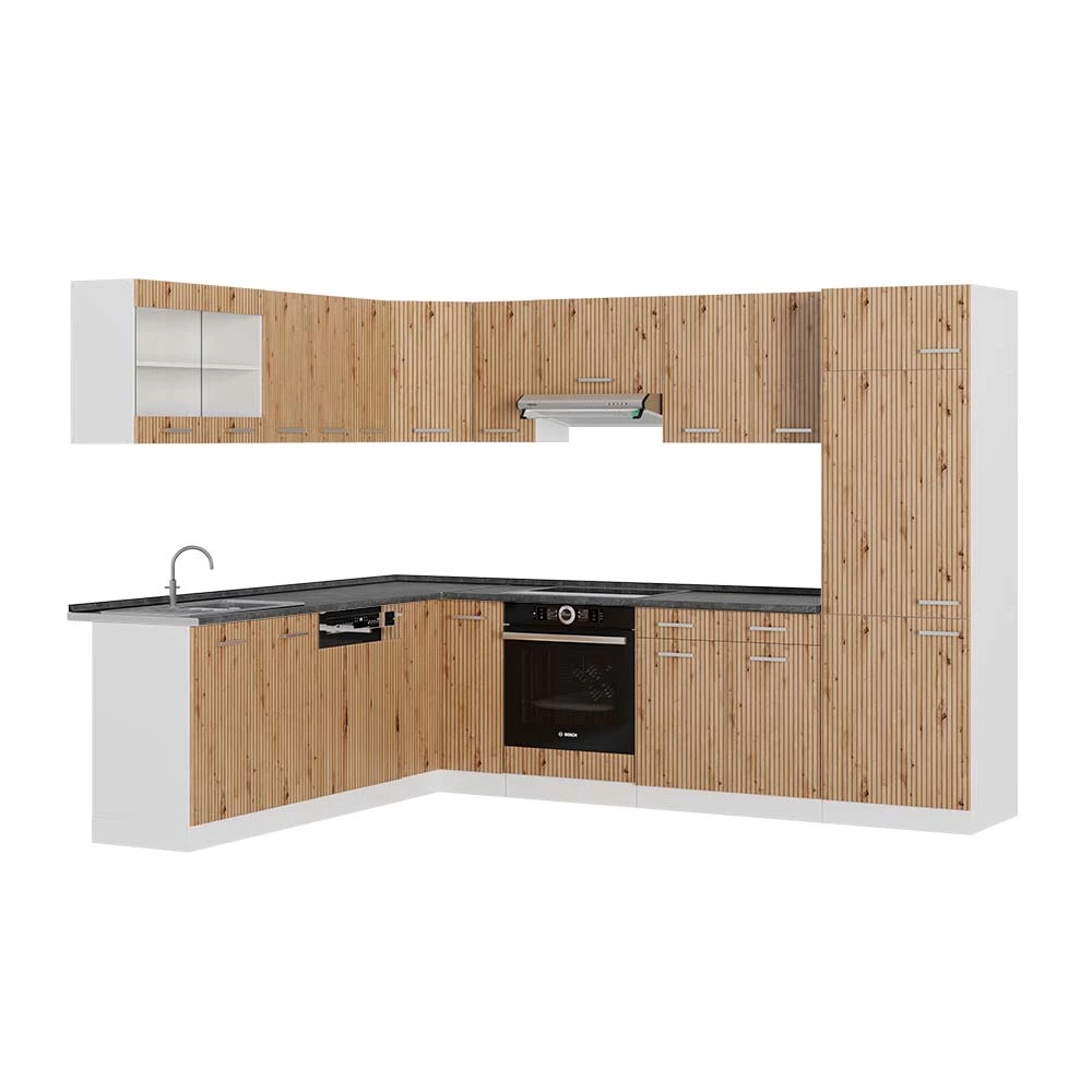 Hoekkeuken in Artisanaal eiken/wit op een witte achtergrond