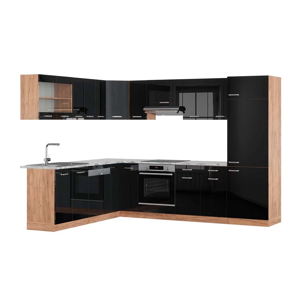 Vicco Eckküche Schwarz Hochglanz/Goldkraft Eiche 227 x 287 cm , AP Marmor, R-Line