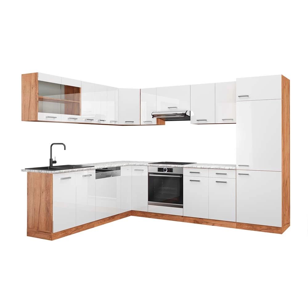 Cozinha de canto in Branco alto brilho/carvalho Goldkraft on white background