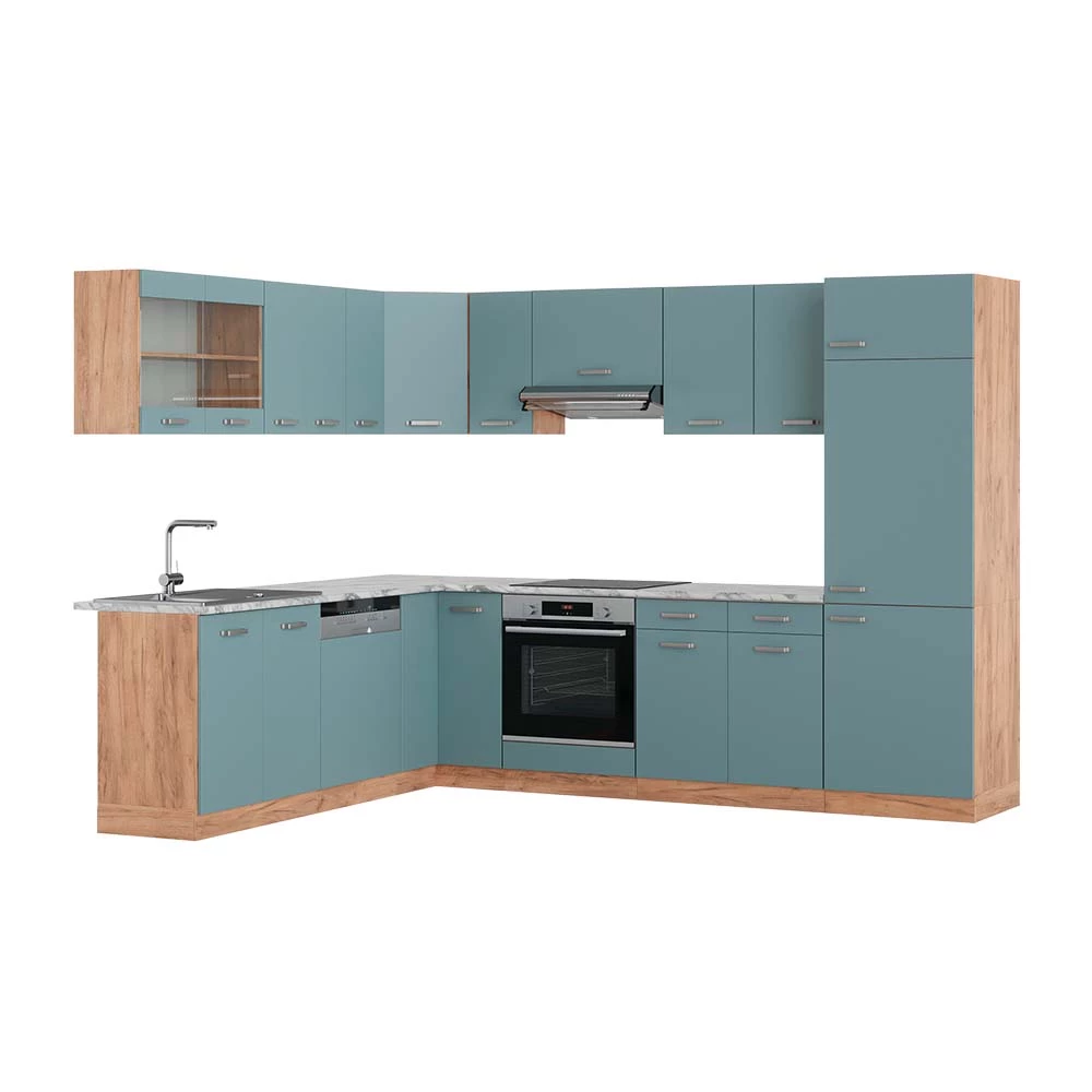 Eckküche in Blau-Grau/Goldkraft Eiche auf weißem Hintergrund