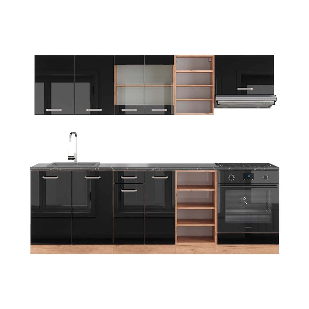 Küchenzeile in Schwarz Hochglanz/Goldkraft Eiche auf weißem Hintergrund