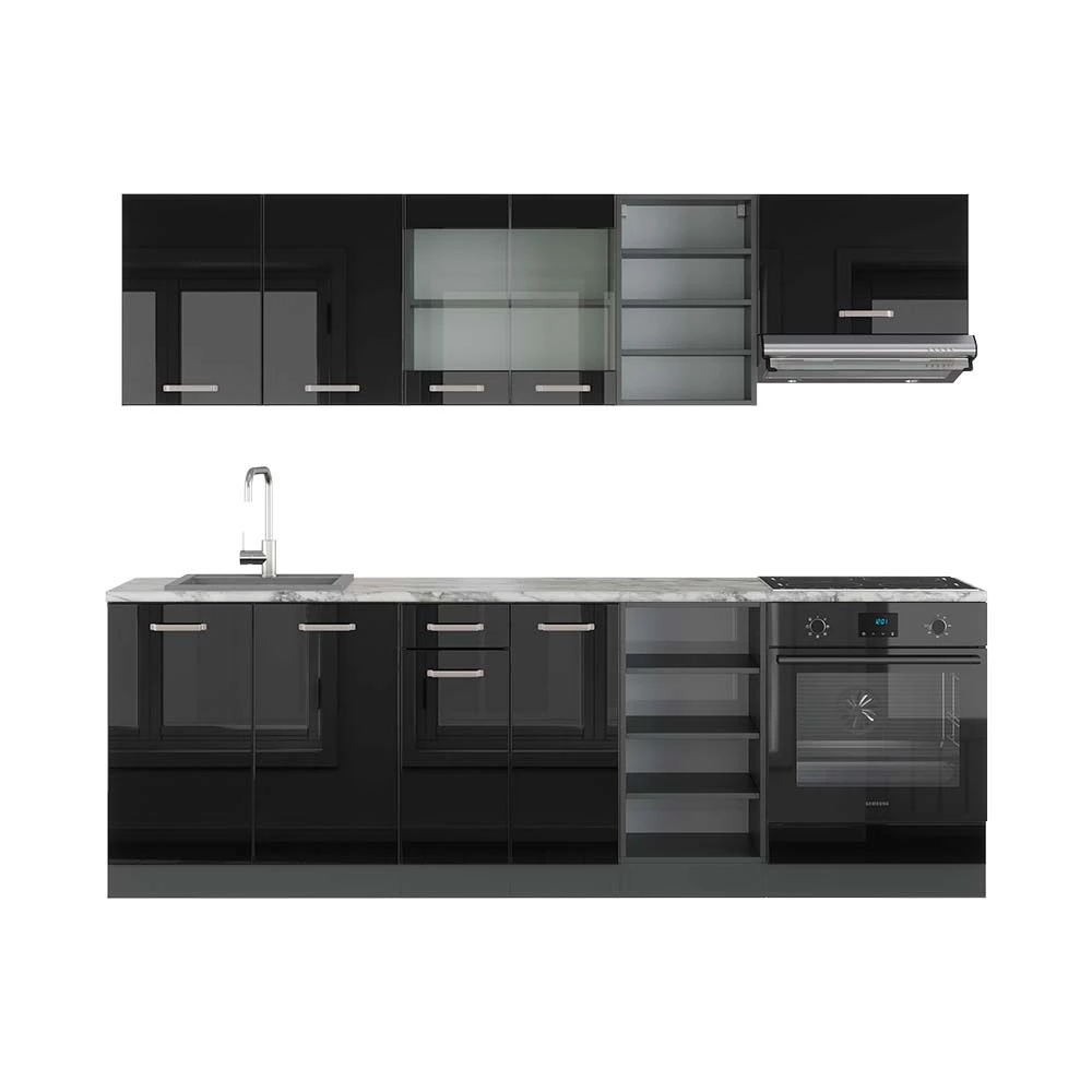 Vicco Køkkenrække Højglans sort/antracit 240 cm , BP Marmor, R-Line