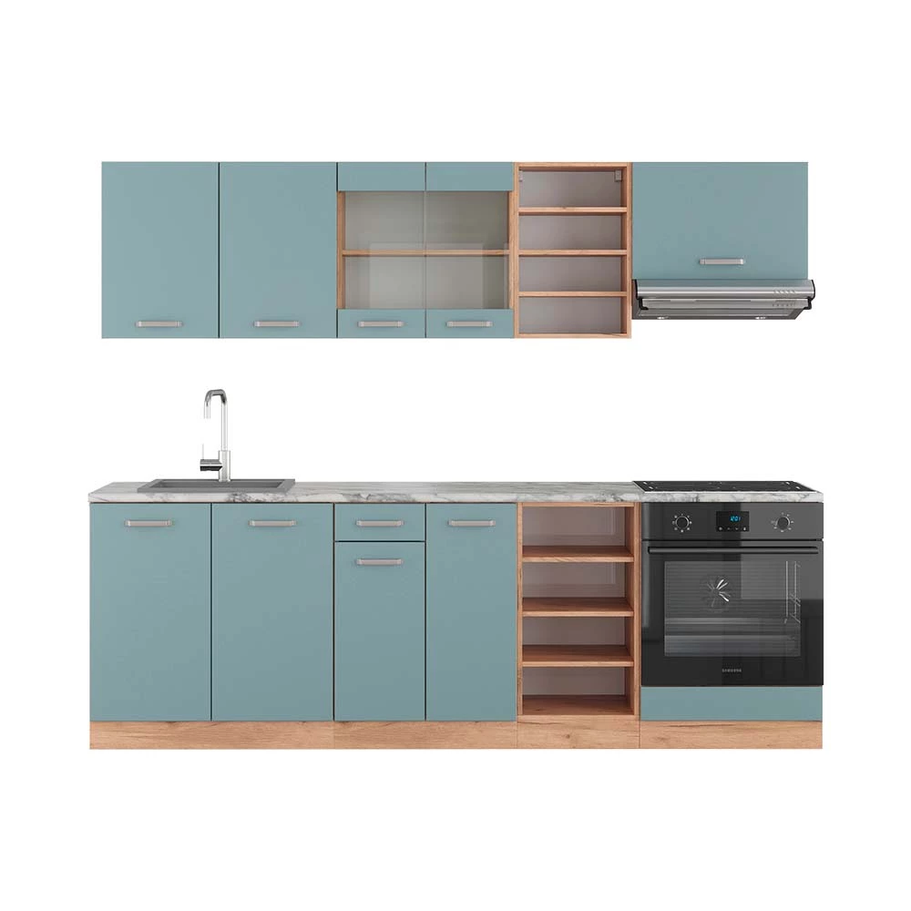 Vicco Kitchenette Carvalho Azul-Cinza/Dourado 240cm, R-Line