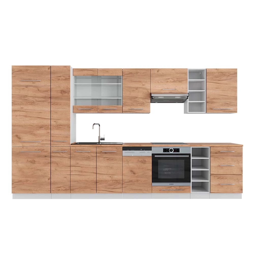 Complete keukeneenheid in Eik goud/wit op een witte achtergrond