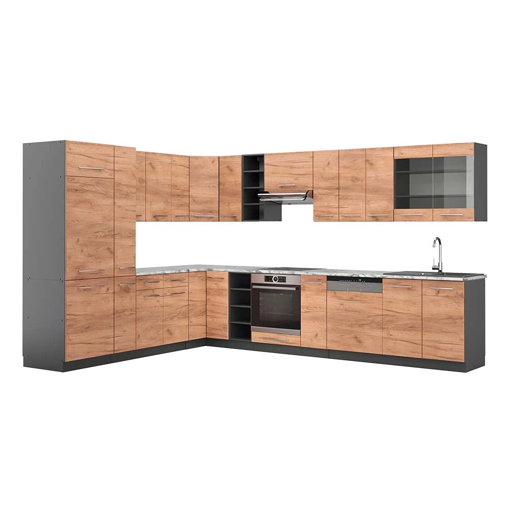 Ugaona kuhinja u boji Zlatna kvaliteta/uzorak ugljena na bijeloj pozadini