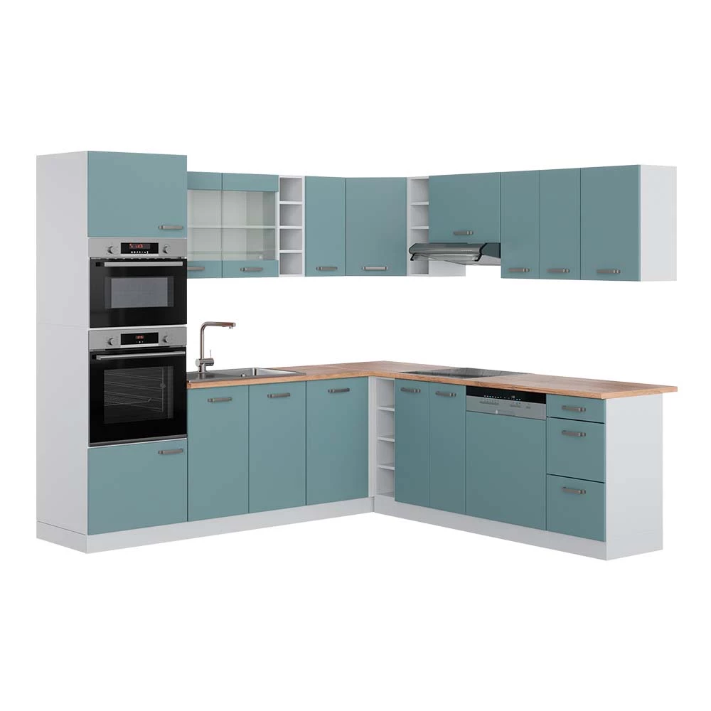 Vicco Einbauküche in L-Form Blau-Grau/Weiß 237 x 247 cm , AP Eiche, R-Line