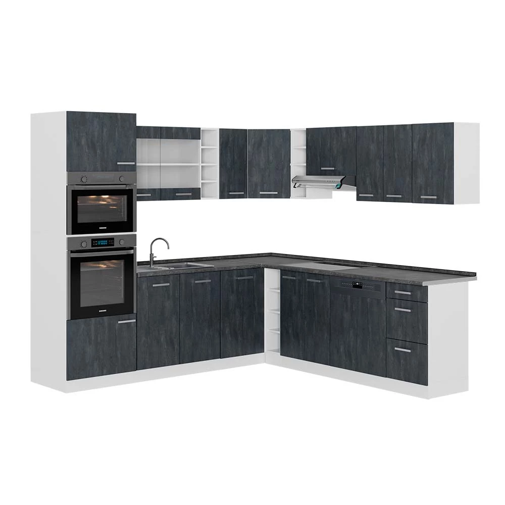 Eckküche in Schwarz Beton/Weiß auf weißem Hintergrund