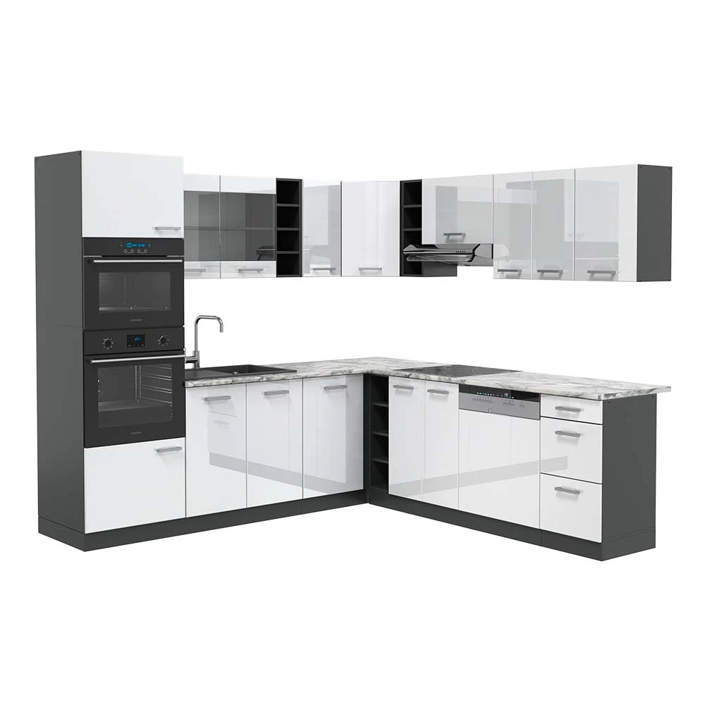 Kotna kuhinja v Bela barva visokega sijaja/antracit na belem ozadju