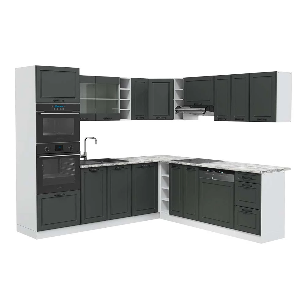 Eckküche in Anthrazit Landhaus/Weiß auf weißem Hintergrund