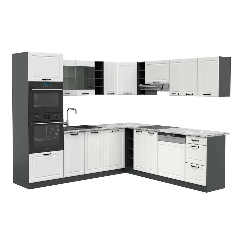 Cuisine en angle en Blanc cottage/anthracite sur fond blanc