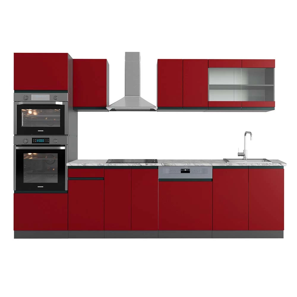 Vicco Cuisine Rouge/Anthracite 300cm avec armoire haute, PT Marbre, R-Line