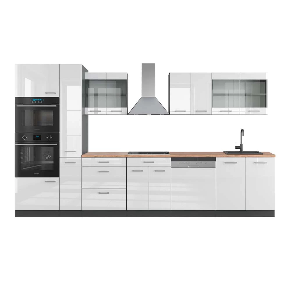 Vicco Kuchyňa Biely vysoký lesk/antracit 350 cm s vysokou skriňou, dub AP, R-Line