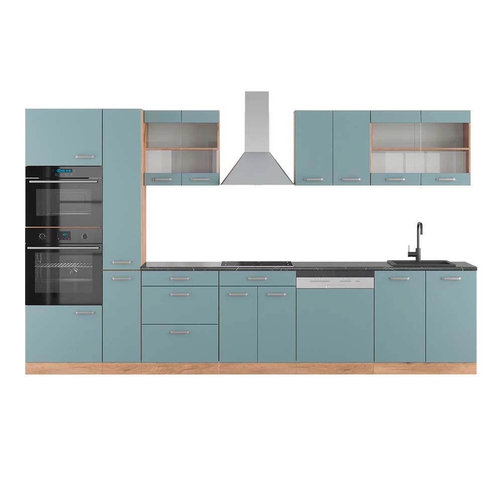 Keuken in Blauw-grijs/gouden eik op een witte achtergrond