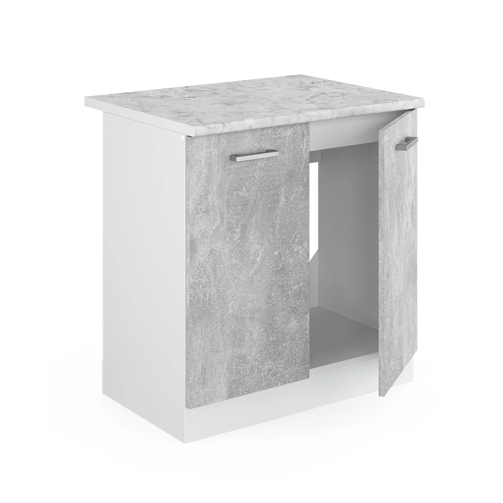 Nahaufnahme von Spülenunterschrank in Beton, zeigt Textur/Details