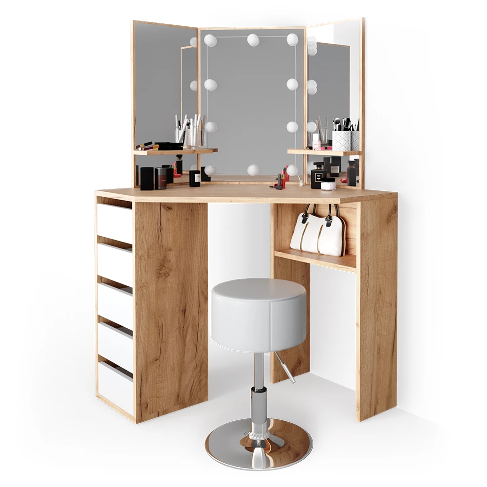 Coiffeuse D'angle Arielle 110cm Blanc/chêne - Avec éclairage LED, 5 Tiroirs, Miroir Triple - Meuble De Salle De Bain