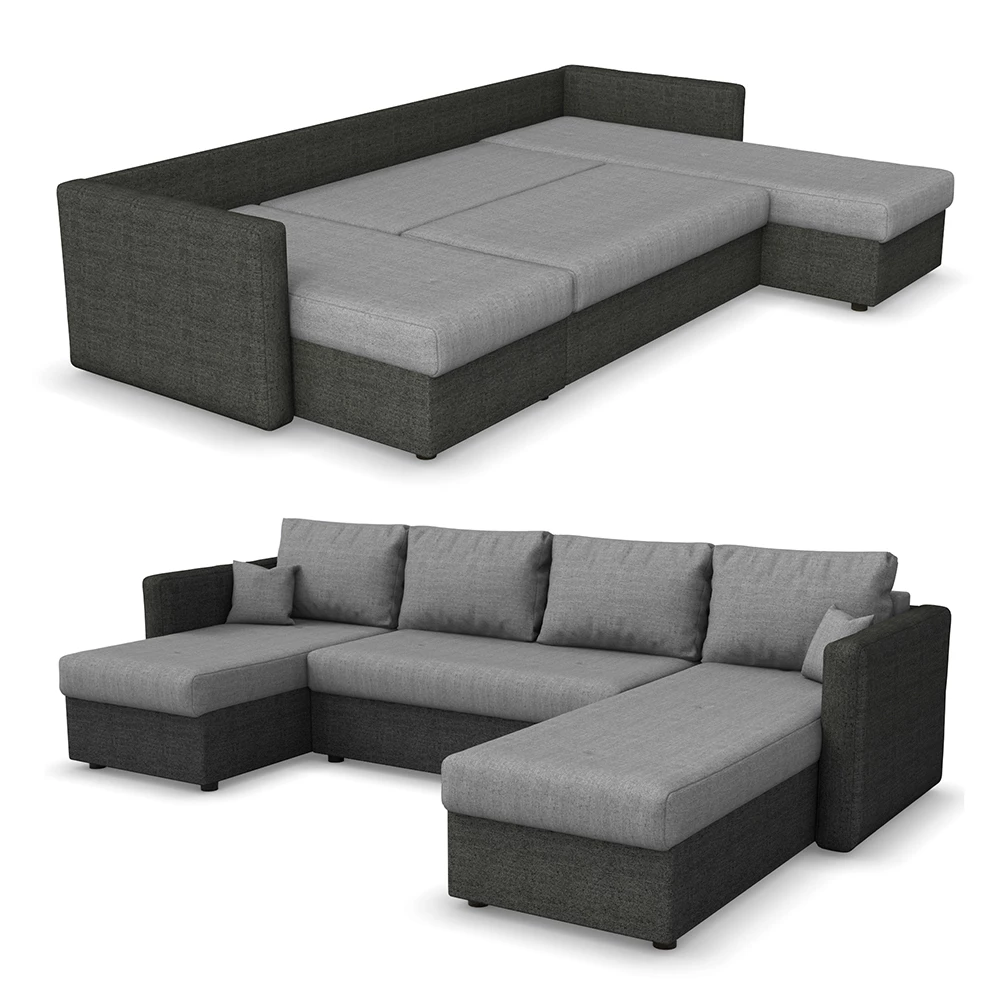 Sofa U Form in Anthrazit auf weißem Hintergrund mit dekorativen Elementen