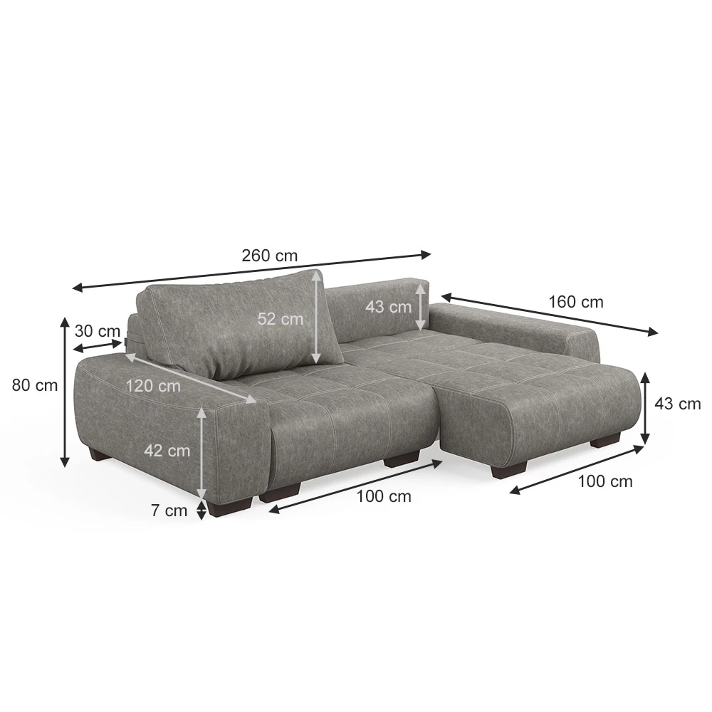 Vitalispa Sofa L Form Grau 260 x 120 cm, Perry