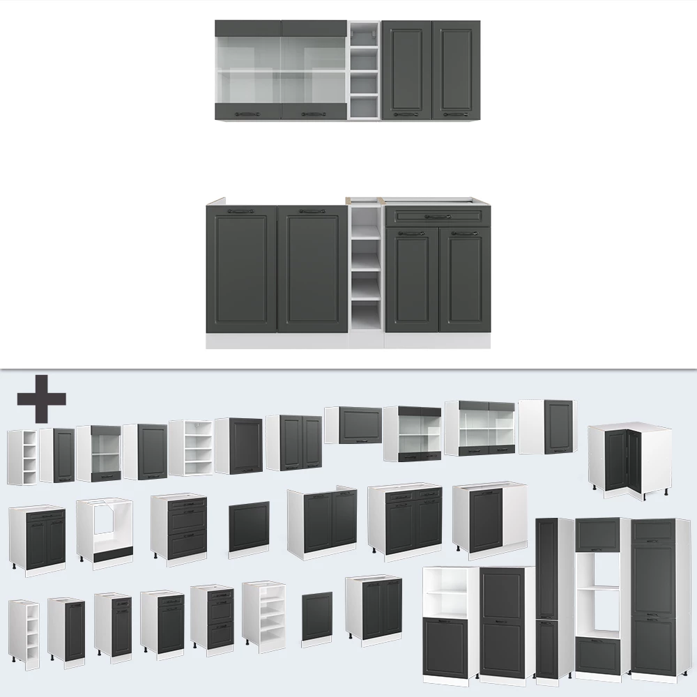 Nahaufnahme von Singleküche in Anthrazit Landhaus/Weiß, zeigt Design- und Oberflächendetails