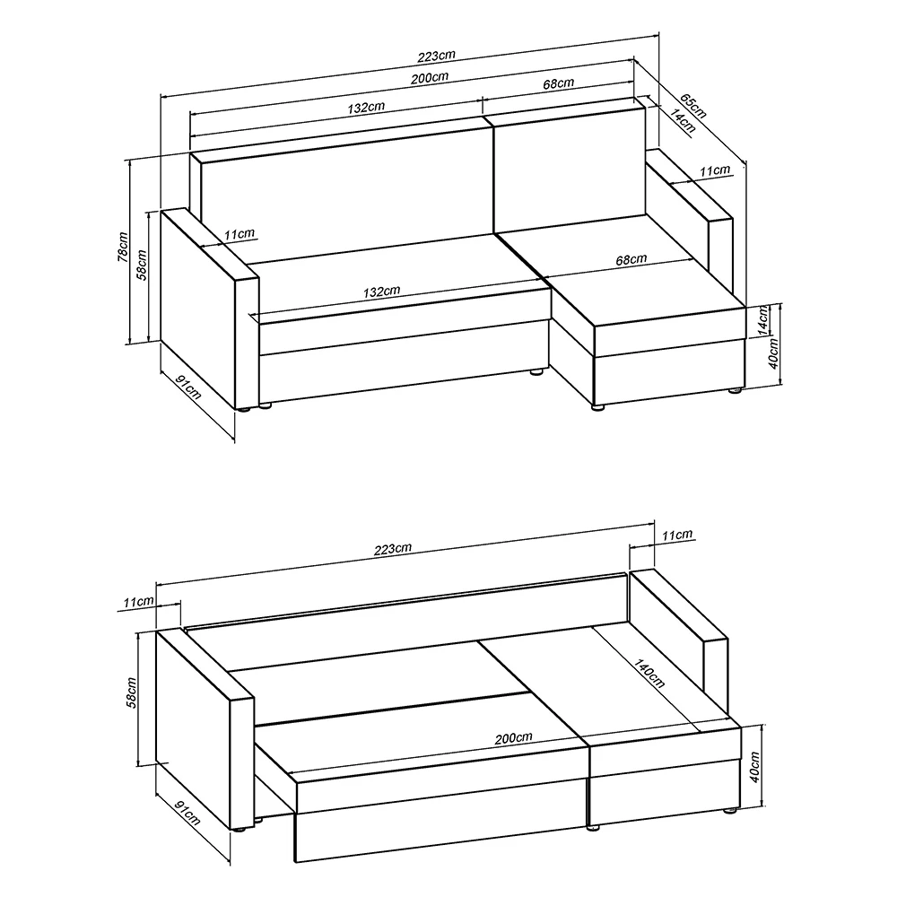 Sofa L Form in Grau auf weißem Hintergrund mit sichtbaren Maßen
