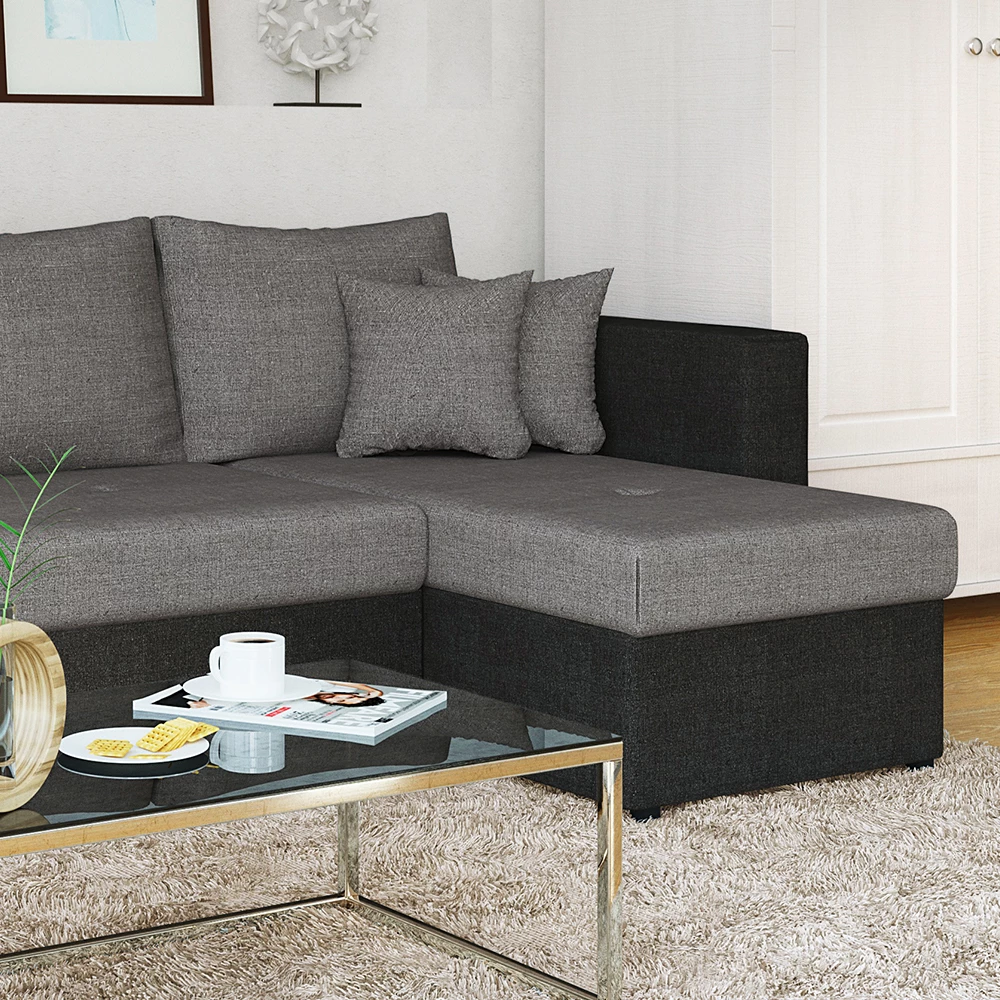 Nahaufnahme von Sofa L Form in Grau, zeigt Textur/Details