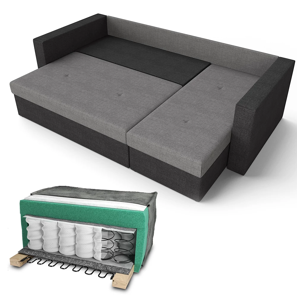 Nahaufnahme von Sofa L Form in Grau, zeigt Design- und Oberflächendetails