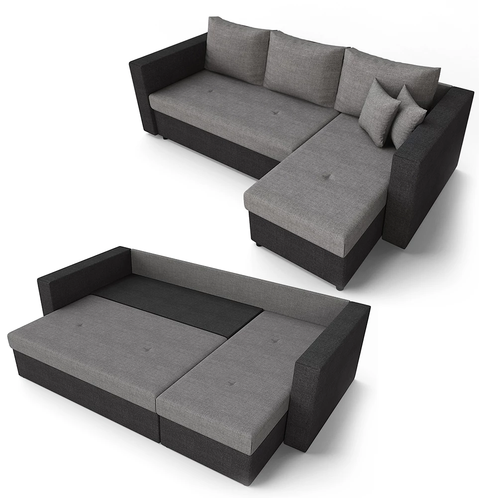 Sofa L Form in Grau auf weißem Hintergrund mit dekorativen Elementen