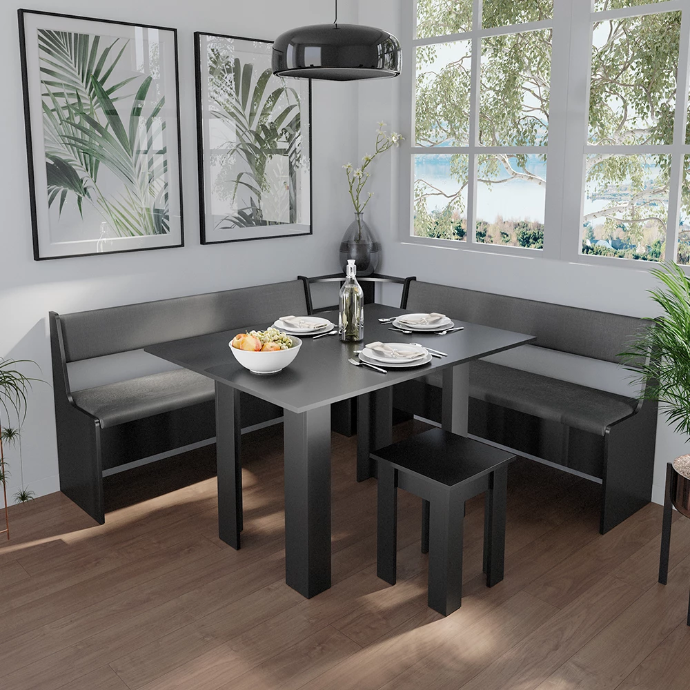 Panca ad angolo in Nero, mostrato in un ambiente ambientale con decorazioni