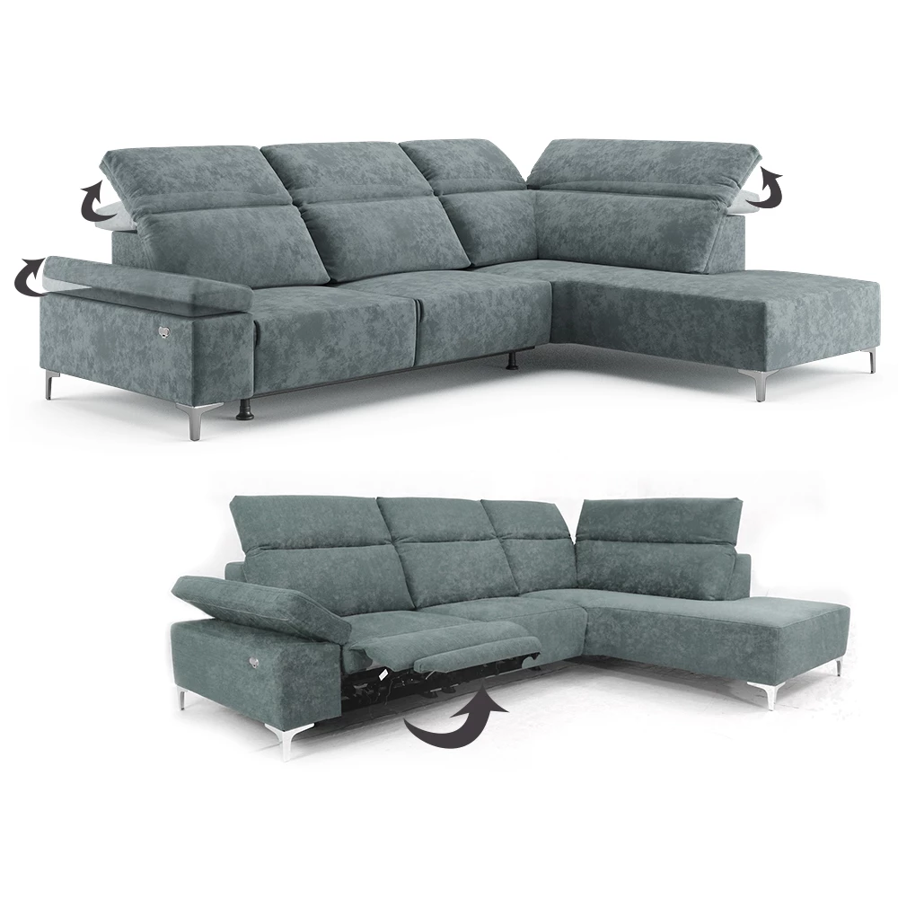 Nahaufnahme von Sofa L Form in Grau, zeigt Design- und Oberflächendetails