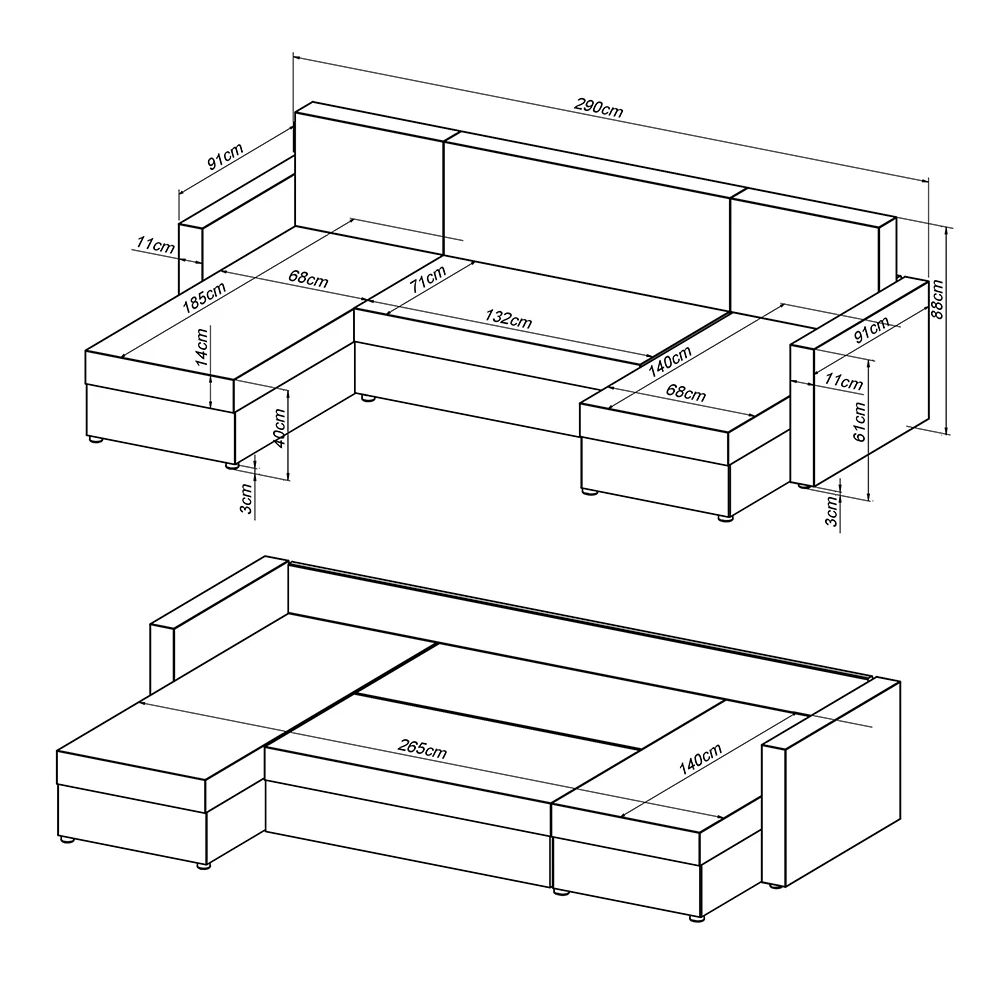 Sofa L Form in Dunkelgrau auf weißem Hintergrund mit sichtbaren Maßen. Produktbezeichnung: livinity® Sofa L Form Dunkelgrau 290 x 185 cm mit Bettkasten