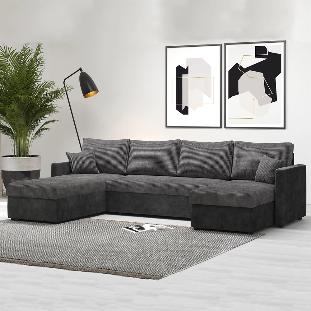Sofa L Form in Dunkelgrau, dargestellt im Ambiente mit Dekoration. Produktbezeichnung: livinity® Sofa L Form Dunkelgrau 290 x 185 cm mit Bettkasten