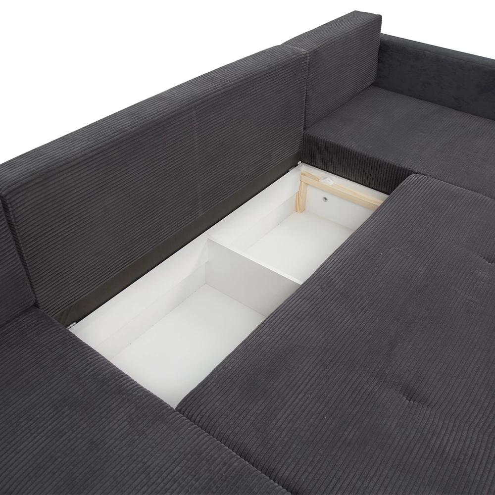 Nahaufnahme von Sofa L Form in Dunkelgrau, zeigt Design- und Oberflächendetails. Produktbezeichnung: livinity® Sofa L Form Dunkelgrau 290 x 185 cm mit Bettkasten
