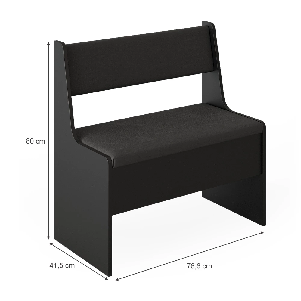 Esszimmer-Bank in Schwarz auf weißem Hintergrund mit sichtbaren Maßen