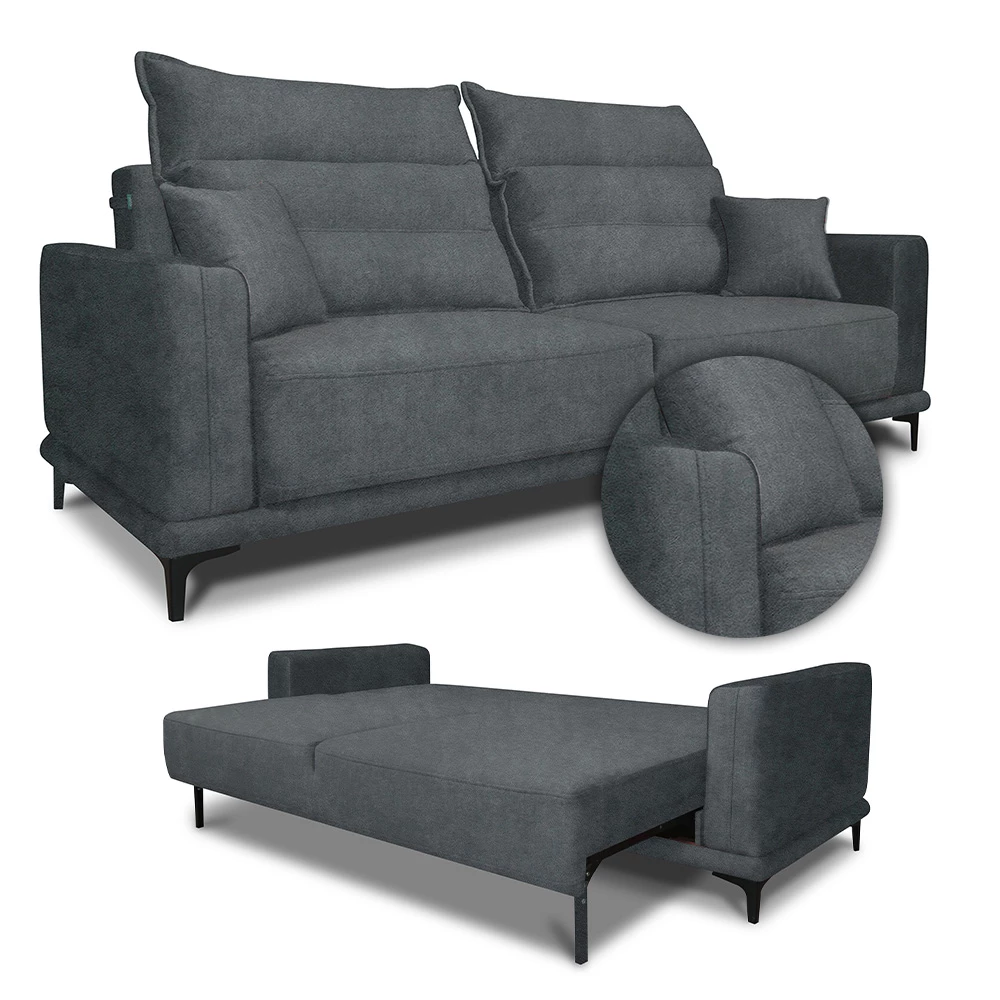 Sofa in Anthrazit auf weißem Hintergrund mit dekorativen Elementen