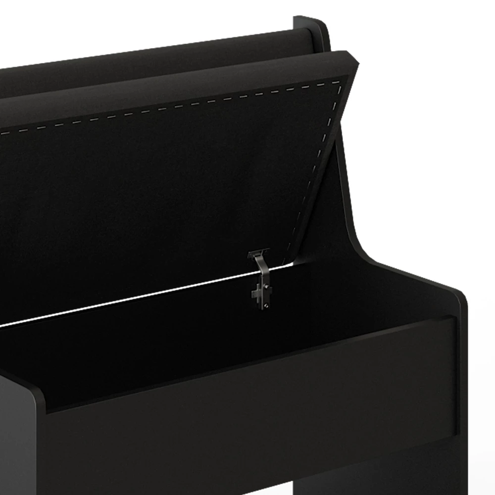 Nahaufnahme von Esszimmer-Bank in Schwarz, zeigt Design- und Oberflächendetails