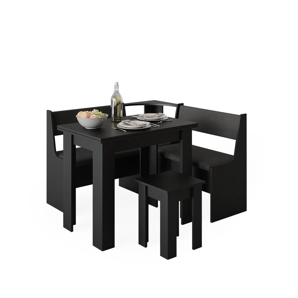 Esszimmer-Bank in Schwarz auf weißem Hintergrund mit dekorativen Elementen