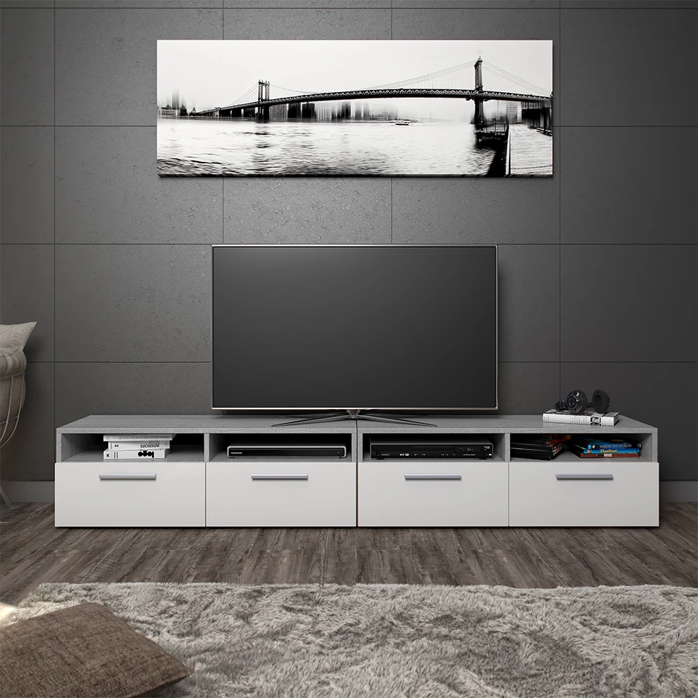 Lowboard in Beton, getoond in een sfeervolle omgeving met decoratie