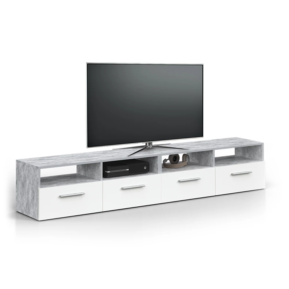 Lowboard in Beton op een witte achtergrond met decoratieve elementen