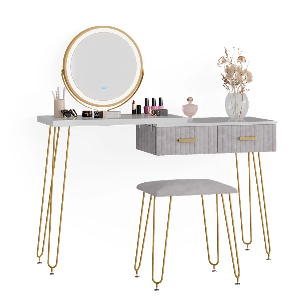 Set Trucco YOURLITE Con Luci LED, Specchio Regolabile E Sgabello Imbottito (Bianco/Grigio)