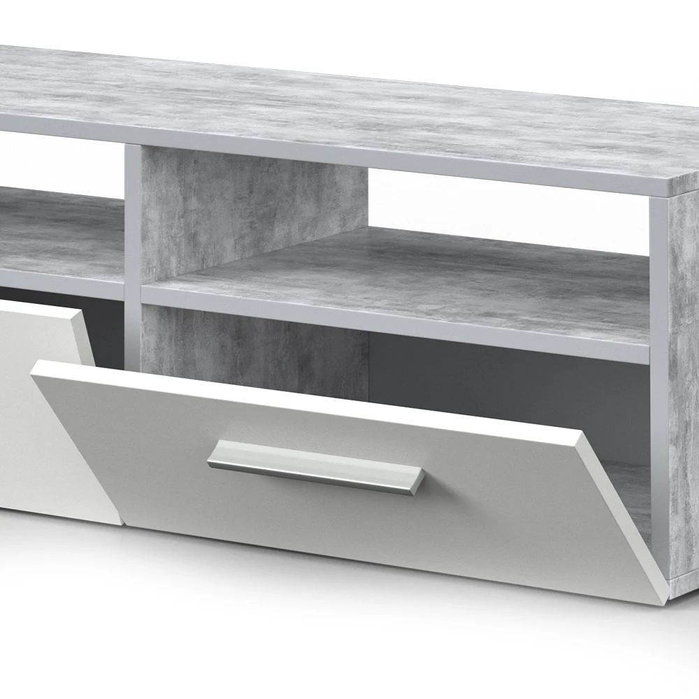 Close-up van TV-meubel in Beton, met ontwerp- en oppervlakte-details