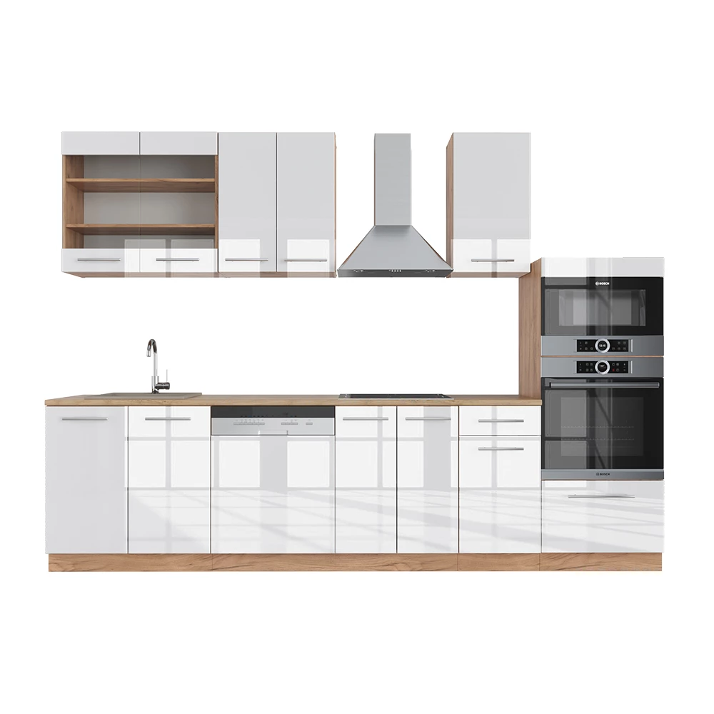 Cuisine R-Line Vicco Avec Plan De Travail Chêne Doré - 300 Cm Noir Brillant - Modulaire Et Personnalisable