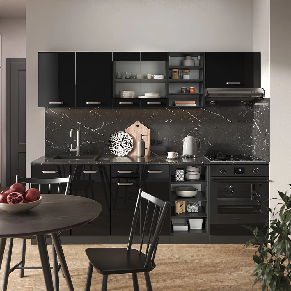 Vicco Konyhasarok "R-Line", Fekete magasfényű/Antracit, 240 cm munkalap nélkül