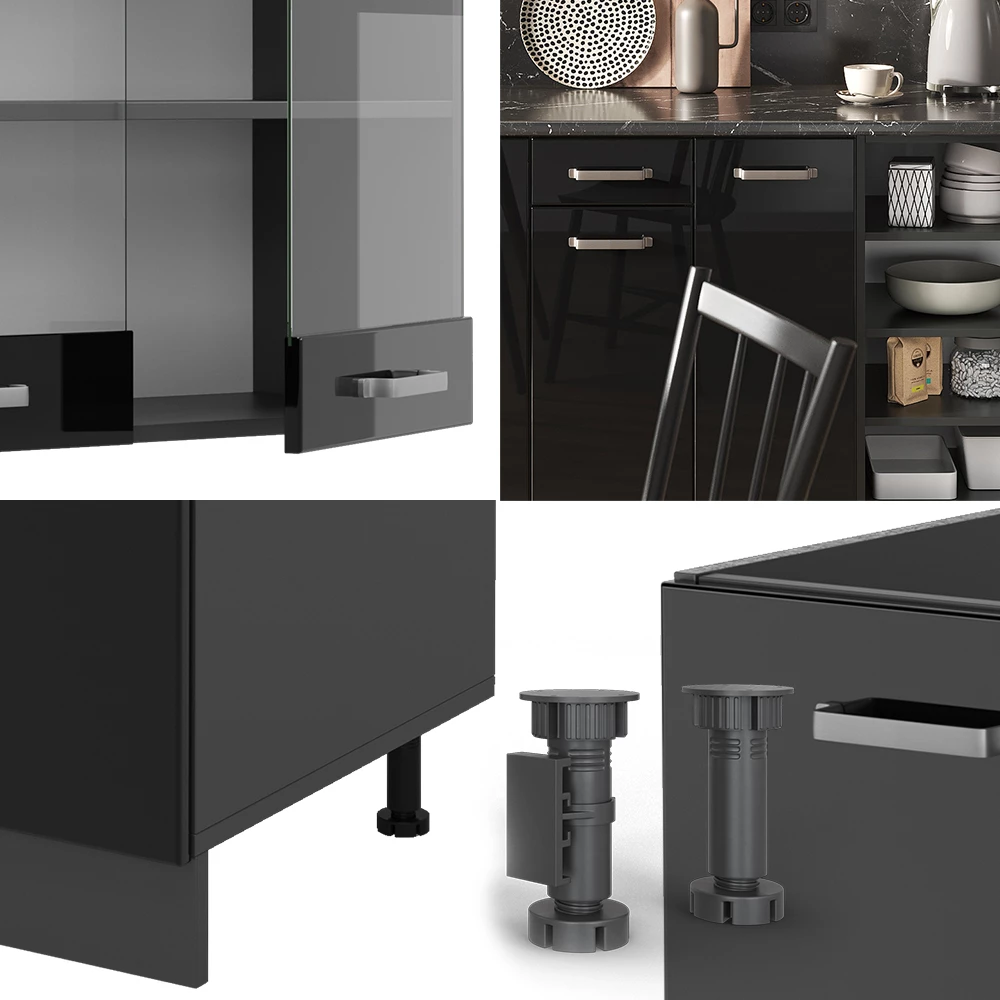Nahaufnahme von Küchenzeile in Schwarz Hochglanz/Anthrazit, zeigt Design- und Oberflächendetails