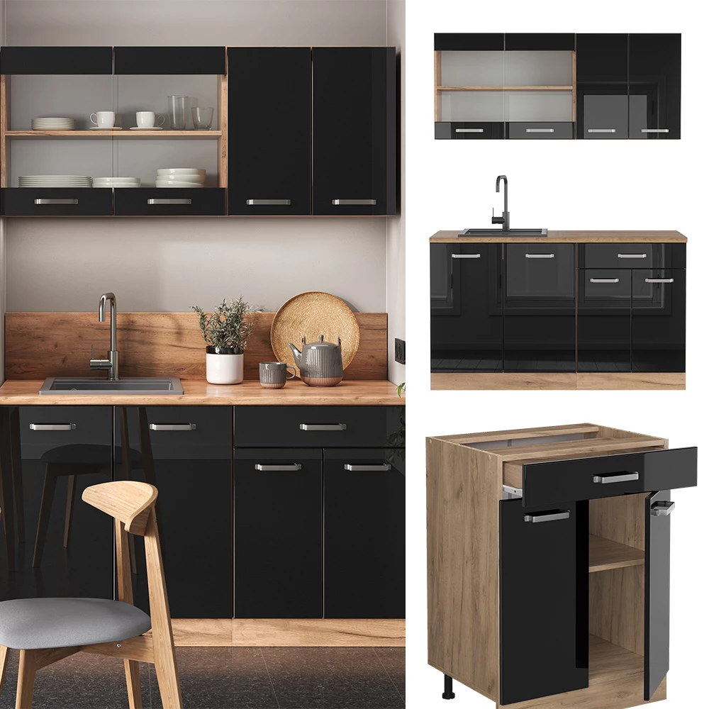 Enkele keuken in Eiken hoogglans zwart/goud, getoond in een sfeervolle omgeving en op een witte achtergrond
