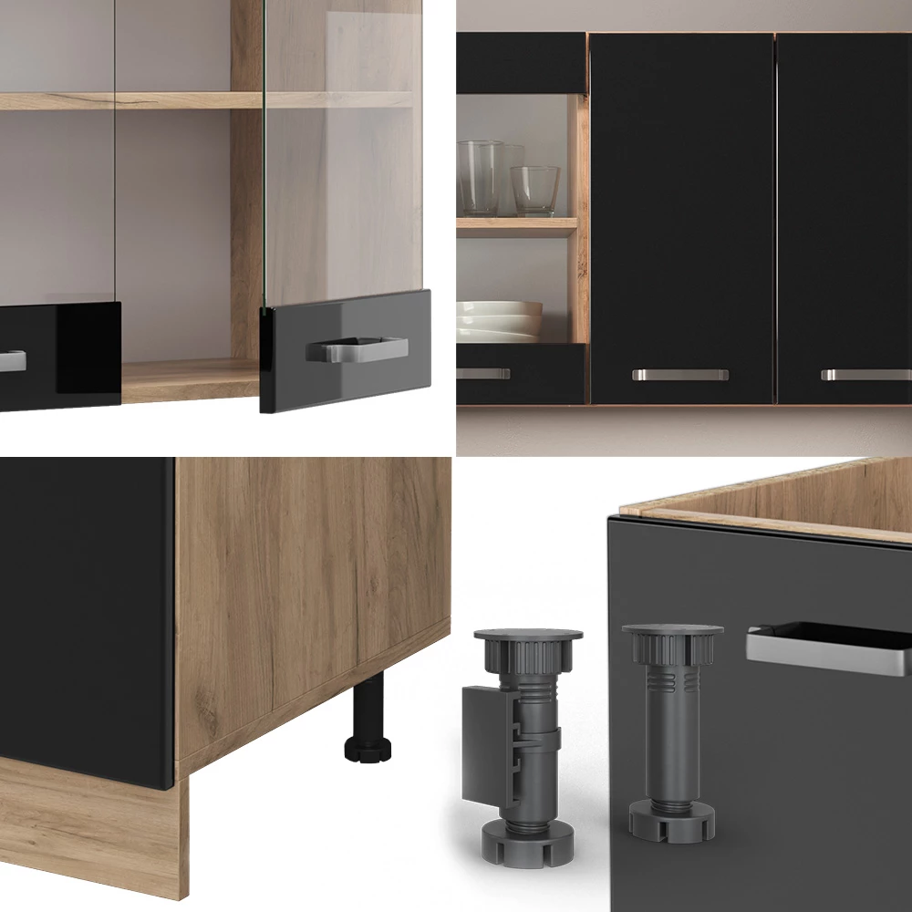 Close-up van Enkele keuken in Eiken hoogglans zwart/goud, met ontwerp- en oppervlakte-details