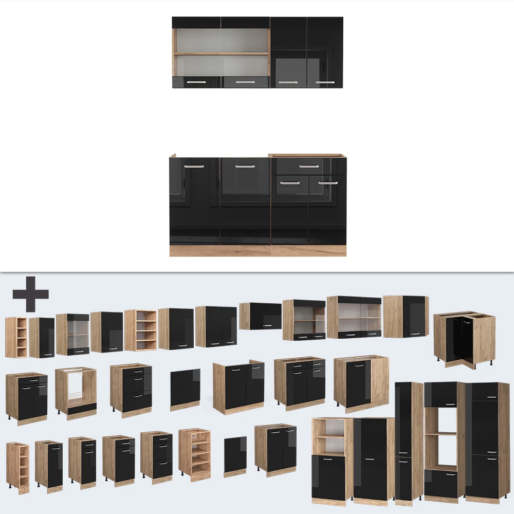 Enkele keuken in Eiken hoogglans zwart/goud op een witte achtergrond met decoratieve elementen