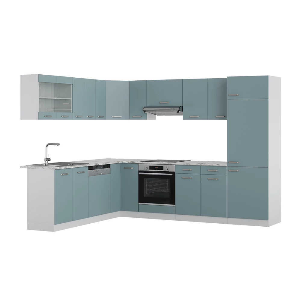 Vicco Cocina esquinera "R-Line", Gris azulado/Blanco, 227 x 287 cm sin encimera