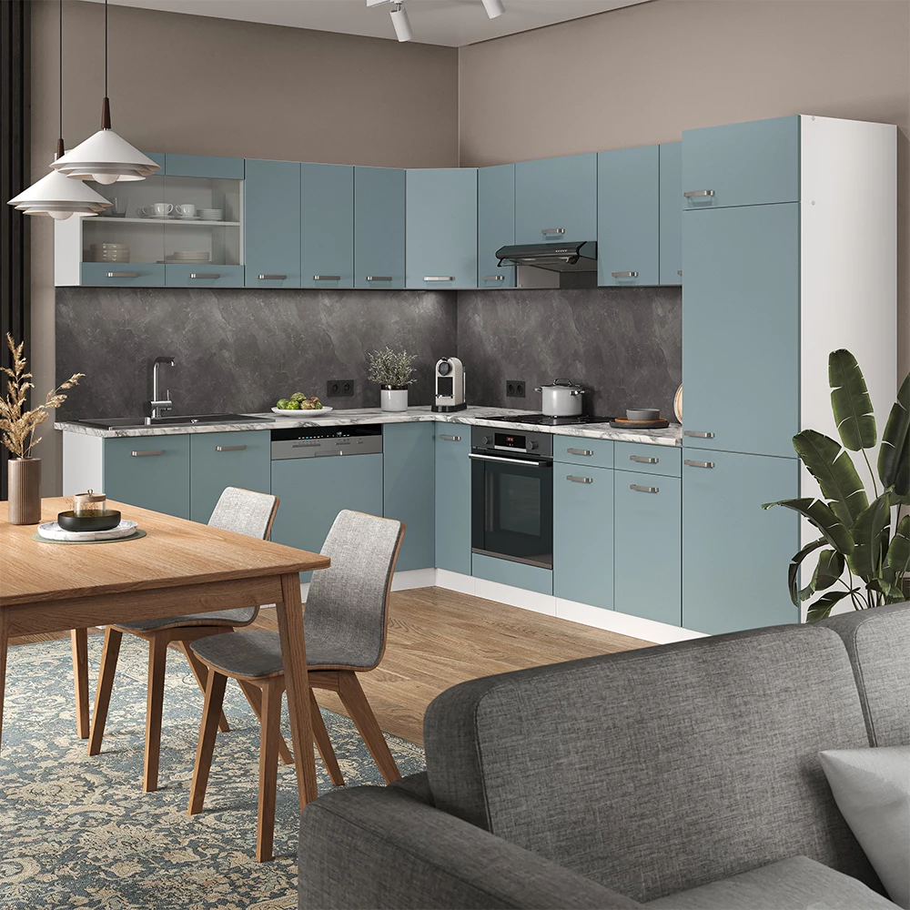 Vicco Cocina esquinera "R-Line", Gris azulado/Blanco, 227 x 287 cm sin encimera