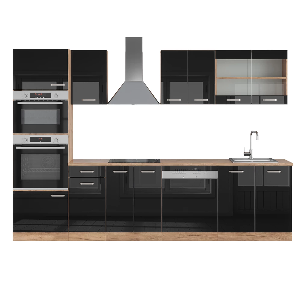 Vicco Küchenzeile "R-Line", Schwarz Hochglanz/Goldkraft Eiche, 300 cm mit Hochschrank, ohne Arbeitsplatte