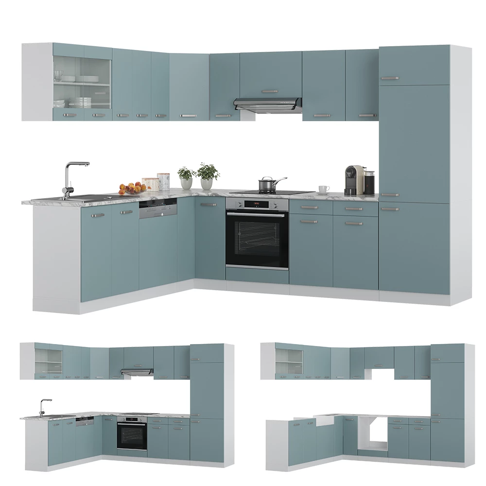 Vicco Eckküche R-Line, Küchenzeile in L-Form, Blau-Grau/Weiß, 227 x 287 cm, AP Marmor